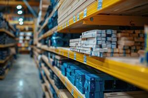 Warehouse of building materials in an industrial store. Logistics, transport concept. Generated by artificial intelligence photo