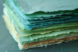 A stack of craft paper sheets combined with sea green. Generated by artificial intelligence photo