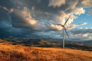 Panoramic view of one windmill with high wind turbines for generation electricity with copy space. Green energy concept. photo