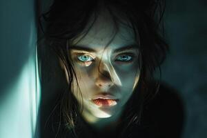 An image of a woman's frightened face near an empty wall. Generated by artificial intelligence photo