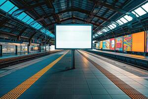 Front view of a large white empty board at a modern train station. Generated by artificial intelligence photo