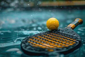 Side view of padel tennis racket in puddle close up. Generated by artificial intelligence photo
