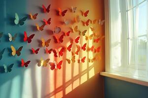 An image of colored butterflies on a white wall with a shadow from a window. Generated by artificial intelligence photo
