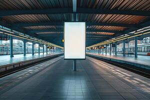 Front view of a large white empty board at a modern train station. Poster mockup, template or advertising display photo