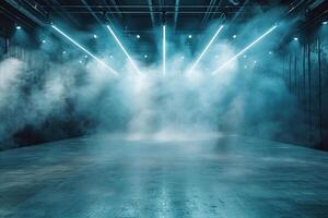 Empty scene background with abstract blue spotlight light in fog. Rays through fog or smoke. Generated by artificial intelligence photo