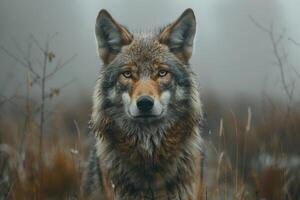 A wild wolf looks straight into the camera against a blurred background of foggy nature. Generated by artificial intelligence photo