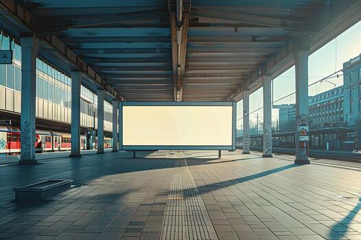Front view of a large white empty board at a modern train station. Generated by artificial intelligence photo