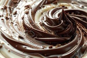 Melted milk chocolate texture. Swirl of cocoa and milk, top view. Generated by artificial intelligence photo