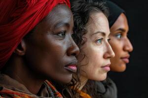 Profile photo of three women of different ethnicities. Generated by artificial intelligence