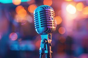 Professional microphone with pink purple gold background. Podcast or recording studio background with copy space. Generated by artificial intelligence photo