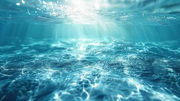 Sunlight shines on the surface and underwater in the sea. Beautiful shine of rays under water. Generated by artificial intelligence photo