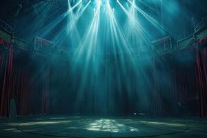 Circus arena in the light of spotlights, stage of a moving circus. Touring circus. Generated by artificial intelligence photo