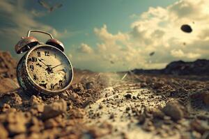 Old rusty clock with an alarm clock in the sand in the middle of the desert. Time concept. Generated by artificial intelligence photo