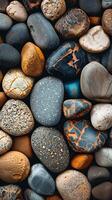 Vertical background for social networks with the image of multi-colored pebbles. Generated by artificial intelligence photo