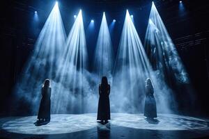 Silhouette of three women on an empty dark stage in the rays of a spotlight. Generated by artificial intelligence photo