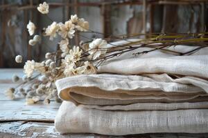 Linen scraps of fabric in a stack on a wooden table. The trend is for authenticity and naturalness. photo