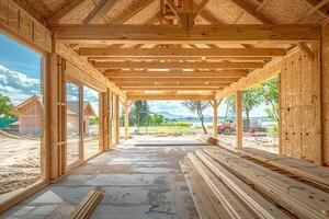 Wooden frame of a house. Construction. Generated by artificial intelligence photo