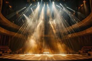 Image of the stage of an empty elegant classical theater with bright spotlights and seating. Generated by artificial intelligence photo