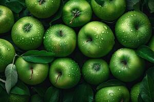 Horizontal background with green apples. Generated by artificial intelligence photo