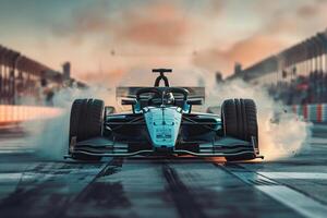 A racing car on the track with clouds of smoke behind. Concept of high speed, auto racing. Generated by artificial intelligence photo