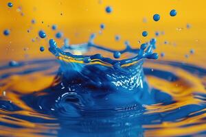 Splash of blue water on a yellow background. Generated by artificial intelligence photo
