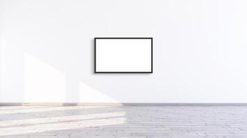 3d Empty horizontal black frame mock up in a white interior room design with wooden oak floor, Modern frame for prints photo