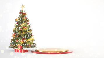 Christmas podium background with bokeh effect, christmas tree and gift boxes for product display photo