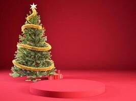 3d christmas red podium, red background with christmas tree, new year platform for product display photo
