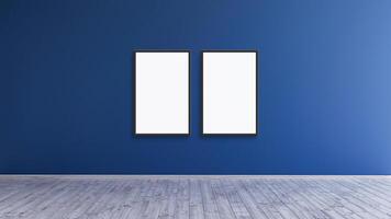 2 empty vertical black frame mockup design on a blue wall room for prints and photos. photo