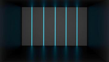 Empty Dark Futuristic Sci Fi Room With Blue Neon Lights And Reflection Surface 3D Rendering. photo