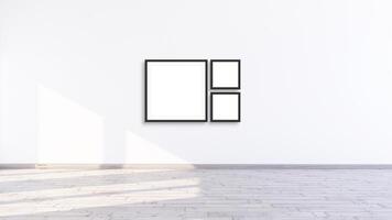 Three empty square black frame mock up in a white room, 3d illustration white wall with frames for gallery wall mockup. photo