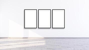 Three vertical modern black frame mock up in a white room, 3d illustration of a white wall render. photo