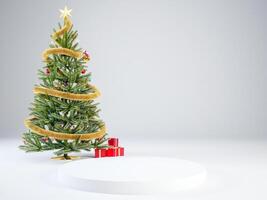 3d christmas white podium stage background with christmas tree, new year concept for product display photo
