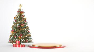 Red and gold happy new year podium or stand with christmas tree and gift boxes for product display. photo