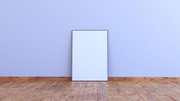 Vertical frame mock up on a white gray wall with wooden floor 3d render ilustration photo