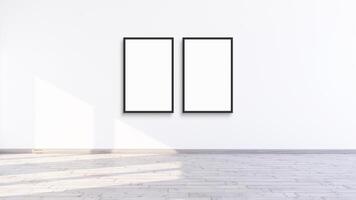 Two empty, vertical, modern, black frame mock up in a white room, 3d illustration of a white wall interior render photo