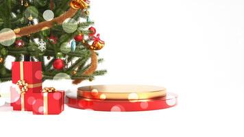 Bokeh effect red gold happy new year podium with christmas tree and gift boxes for product display. photo