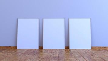 3 vertical frame mockup on a white gray wall with wooden floor 3d render ilustration photo