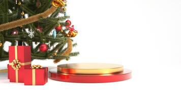 Red and gold happy new year podium or stand with christmas tree and gift boxes for product display. photo