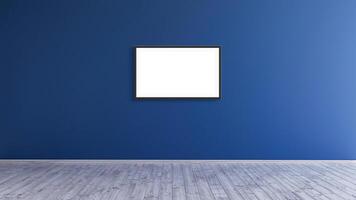 Empty horizontal black frame mock up design on a blue wall room for prints and photos. photo