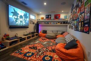 Modern Game Room With Colorful Beanbag Chairs And A Large Television photo