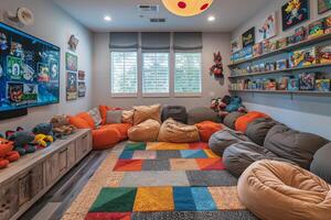 Modern Game Room With Colorful Beanbag Chairs And A Large Television photo