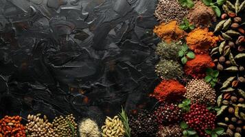 Assorted Fresh Herbs and Spices Arranged on Rustic Dark Stone Surface photo