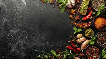 Assorted Fresh Herbs and Spices Arranged on Rustic Dark Stone Surface photo