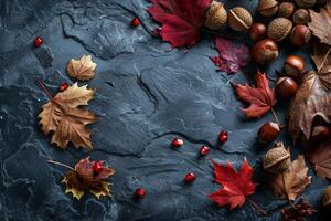 Assorted Nuts and Leaves on Slate Surface During Autumn Season photo