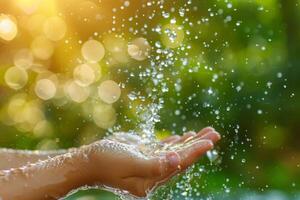 Close Up Of Hand Catching Water Drops photo