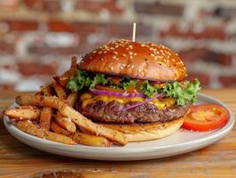 A Juicy Cheeseburger With French Fries on a Wooden Table photo