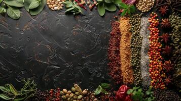 Assorted Fresh Herbs and Spices Arranged on Rustic Dark Stone Surface photo