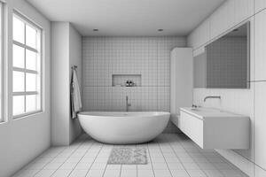 Modern Bathroom With Freestanding Tub and White Subway Tile photo