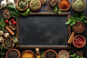 Assorted Fresh Herbs and Spices Arranged on Rustic Dark Stone Surface photo
